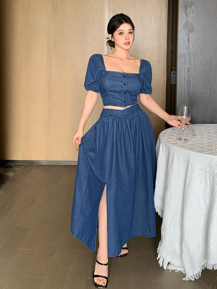 DAZY Women Square Neck Short Sleeve Cardigan And Denim Skirt Suit