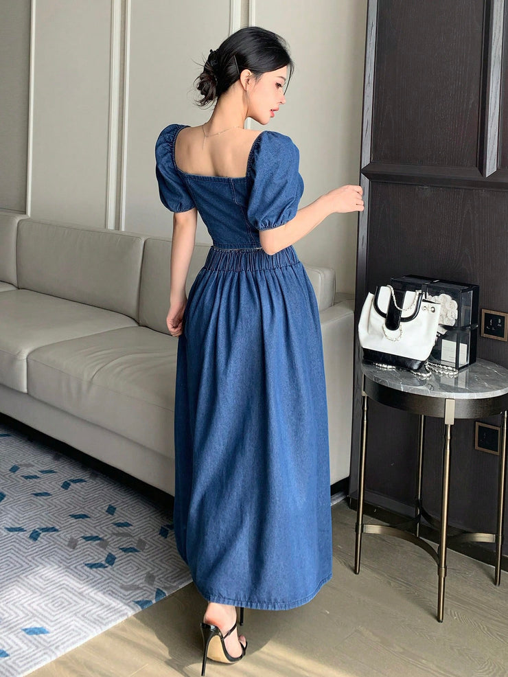 DAZY Women Square Neck Short Sleeve Cardigan And Denim Skirt Suit
