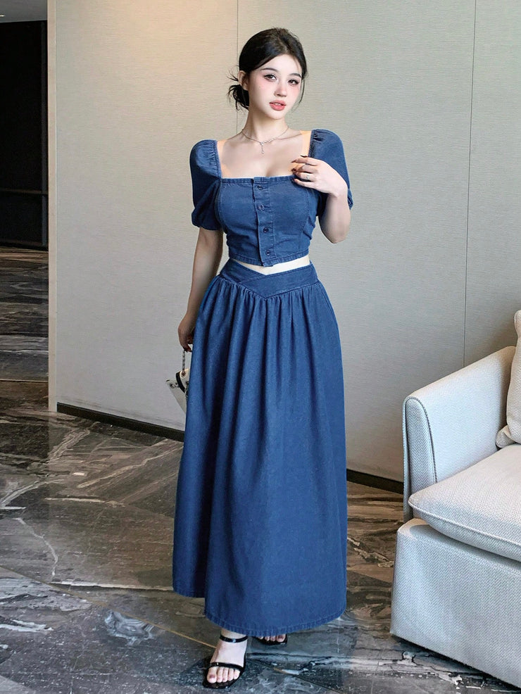 DAZY Women Square Neck Short Sleeve Cardigan And Denim Skirt Suit