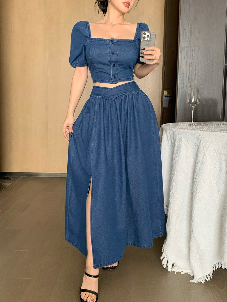DAZY Women Square Neck Short Sleeve Cardigan And Denim Skirt Suit