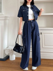 DAZY Women's 2pcs Solid Color Loose Shirt And Wide Leg Jeans Set