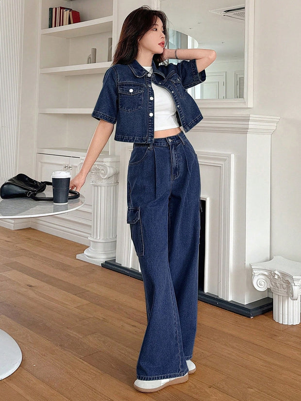 DAZY Women's 2pcs Solid Color Loose Shirt And Wide Leg Jeans Set