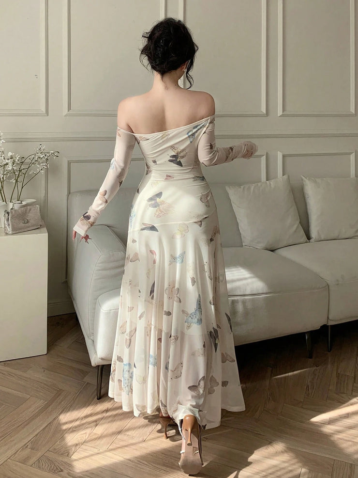 Joudiya Women's Slim Fit Vacation All-Over Butterfly Print Off Shoulder Mid-Calf A-Line Dress