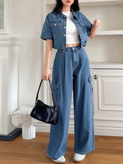 DAZY Women's 2pcs Solid Color Loose Shirt And Wide Leg Jeans Set