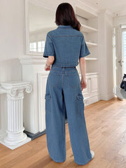 DAZY Women's 2pcs Solid Color Loose Shirt And Wide Leg Jeans Set