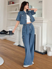 DAZY Women's 2pcs Solid Color Loose Shirt And Wide Leg Jeans Set