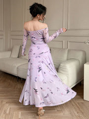 DAZY Women's Butterfly Print A-Line Midi Dress With Front Tie Up And Off Shoulder