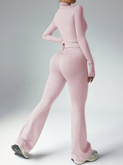Dewbera Women's Solid Color Fitted Long Sleeve Top And Flared Pants Sportswear Set Gym Women Outfit