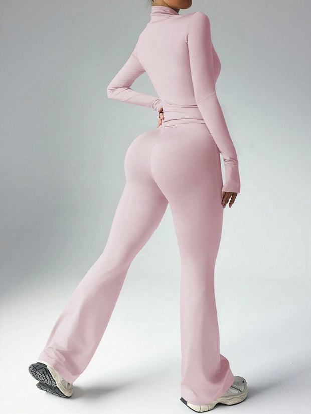 Dewbera Women's Solid Color Fitted Long Sleeve Top And Flared Pants Sportswear Set Gym Women Outfit