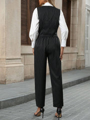 EMERY ROSE 2 Pcs Stripe Pattern Single-Breasted Vest And Pocket Decorated Pants Suit
