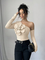 Elenzga Women's Elegant 3D Flower Decorate Oblique Shoulder Long Sleeve T-Shirt