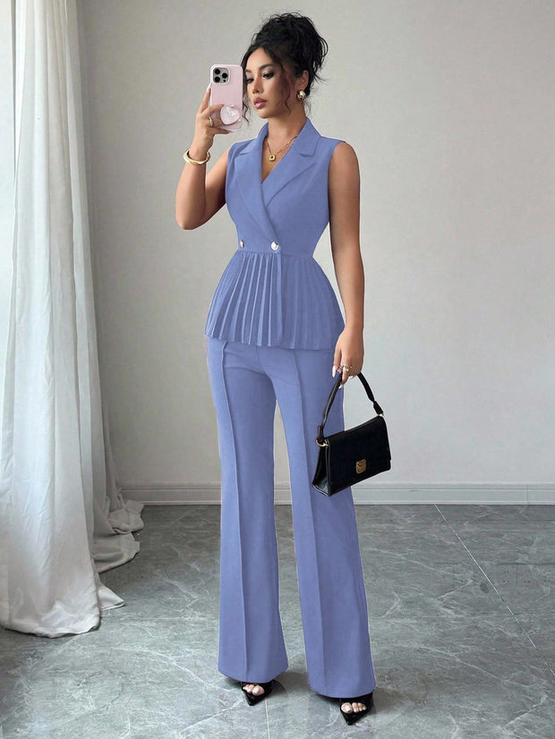 Elenzga 2pcs Women's Elegant Romantic Pleated A-Line Sleeveless Suit Set