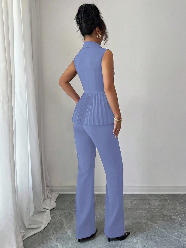 Elenzga 2pcs Women's Elegant Romantic Pleated A-Line Sleeveless Suit Set