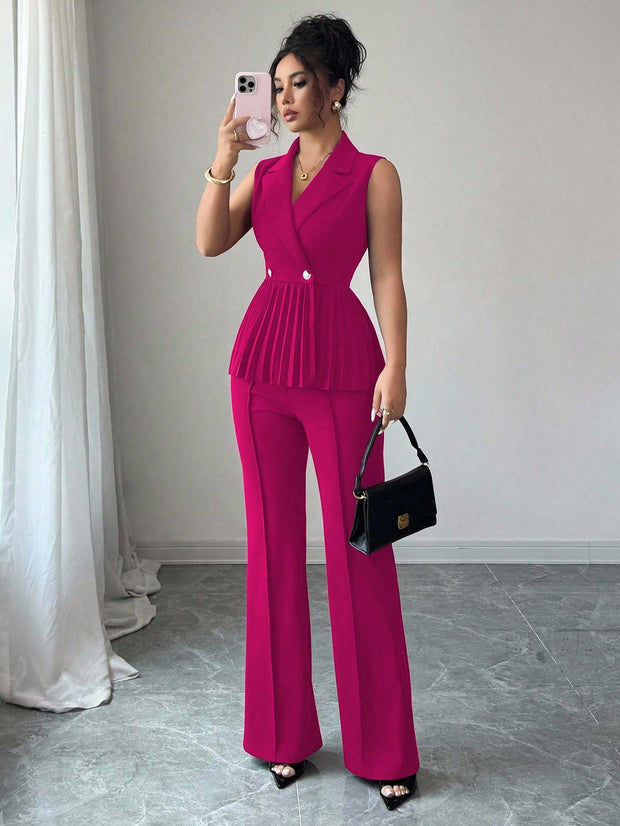 Elenzga 2pcs Women's Elegant Romantic Pleated A-Line Sleeveless Suit Set
