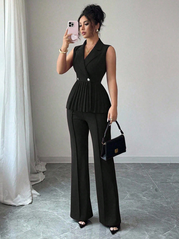 Elenzga 2pcs Women's Elegant Romantic Pleated A-Line Sleeveless Suit Set
