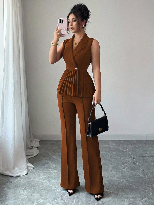 Elenzga 2pcs Women's Elegant Romantic Pleated A-Line Sleeveless Suit Set