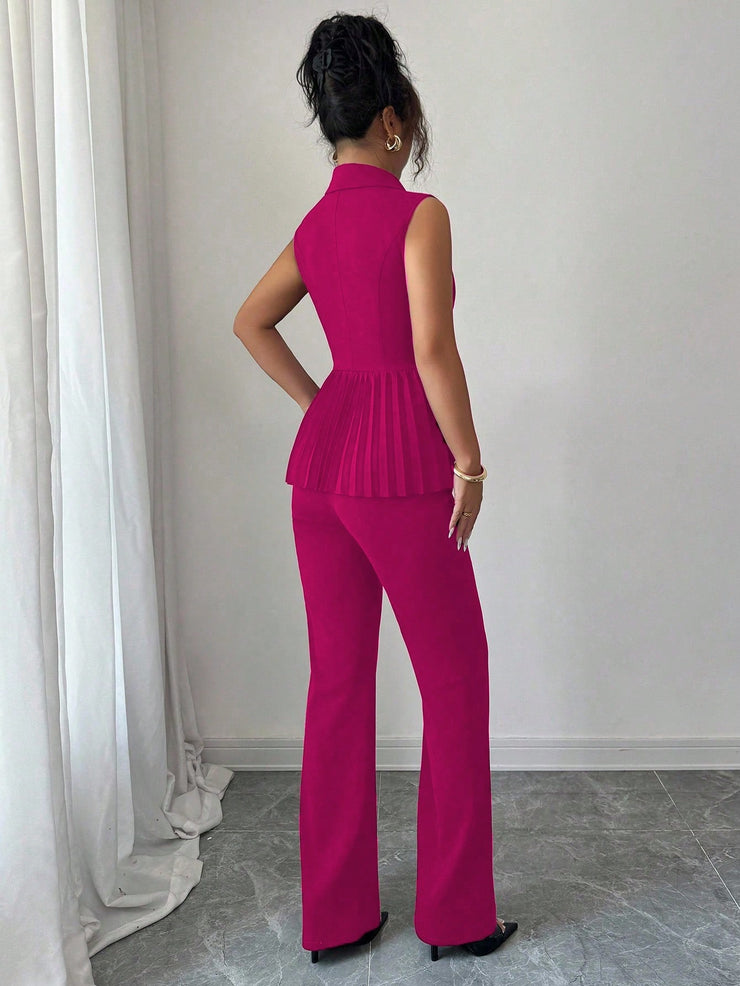 Elenzga 2pcs Women's Elegant Romantic Pleated A-Line Sleeveless Suit Set