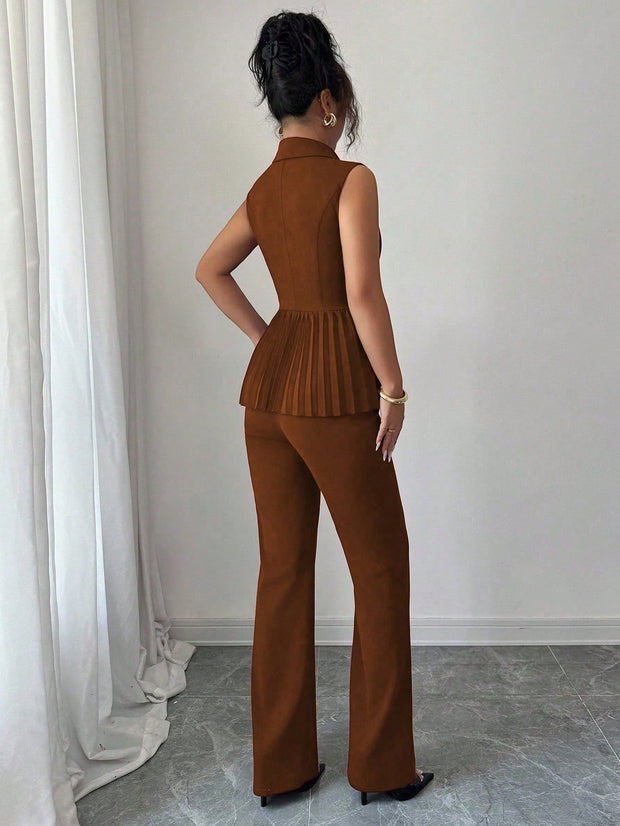 Elenzga 2pcs Women's Elegant Romantic Pleated A-Line Sleeveless Suit Set