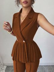 Elenzga 2pcs Women's Elegant Romantic Pleated A-Line Sleeveless Suit Set