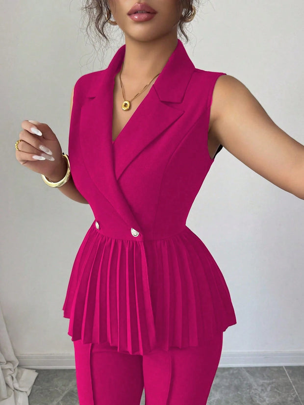 Elenzga 2pcs Women's Elegant Romantic Pleated A-Line Sleeveless Suit Set