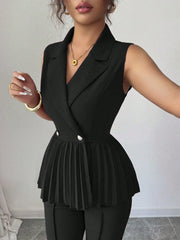Elenzga 2pcs Women's Elegant Romantic Pleated A-Line Sleeveless Suit Set