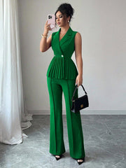 Elenzga 2pcs Women's Elegant Romantic Pleated A-Line Sleeveless Suit Set