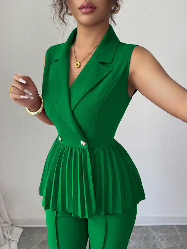 Elenzga 2pcs Women's Elegant Romantic Pleated A-Line Sleeveless Suit Set