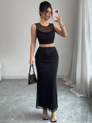 Elenzga 2pcs/Set Women Sheer Mesh Splice Cropped Tank Top And Skirt Set