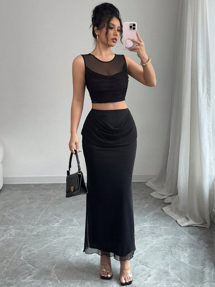 Elenzga 2pcs/Set Women Sheer Mesh Splice Cropped Tank Top And Skirt Set