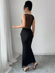 Elenzga 2pcs/Set Women Sheer Mesh Splice Cropped Tank Top And Skirt Set
