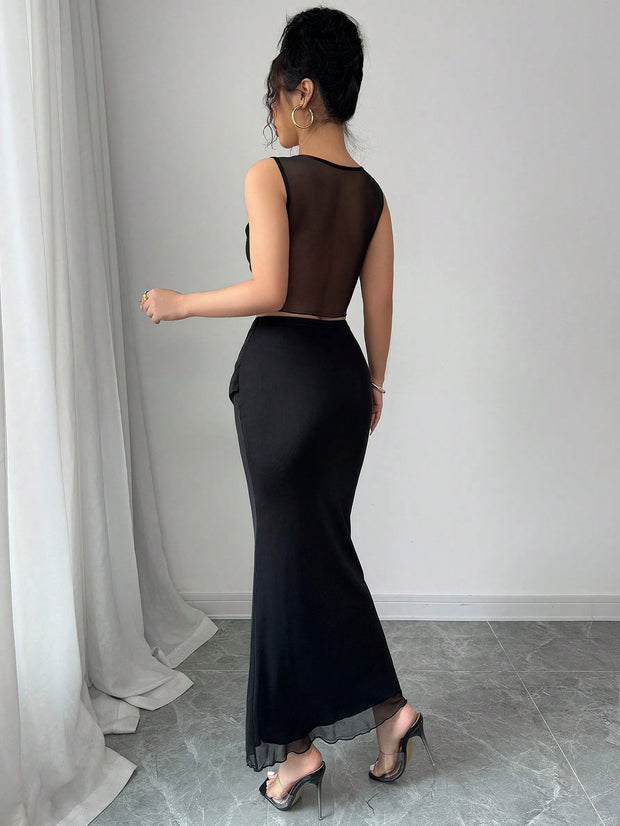 Elenzga 2pcs/Set Women Sheer Mesh Splice Cropped Tank Top And Skirt Set
