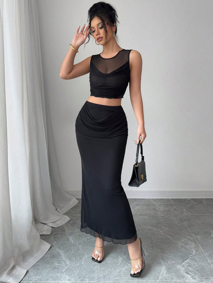 Elenzga 2pcs/Set Women Sheer Mesh Splice Cropped Tank Top And Skirt Set