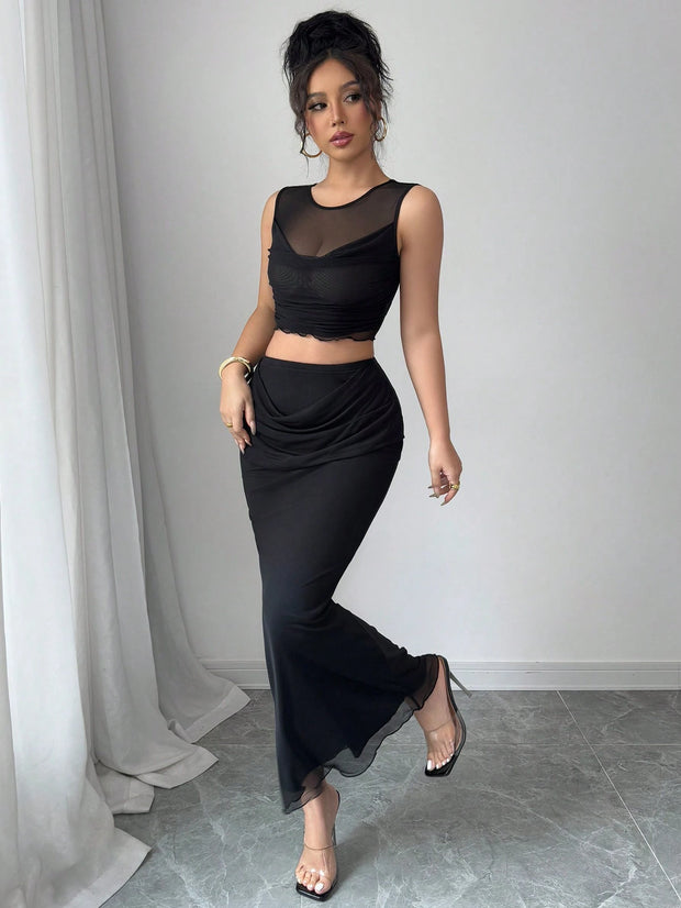 Elenzga 2pcs/Set Women Sheer Mesh Splice Cropped Tank Top And Skirt Set