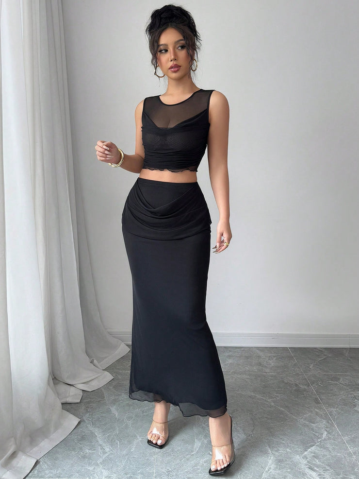 Elenzga 2pcs/Set Women Sheer Mesh Splice Cropped Tank Top And Skirt Set