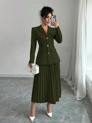 Elenzga 2pcs Set Women Solid Color Front Button Placket Long Sleeve Top And A-Line Skirt, Casual Suit