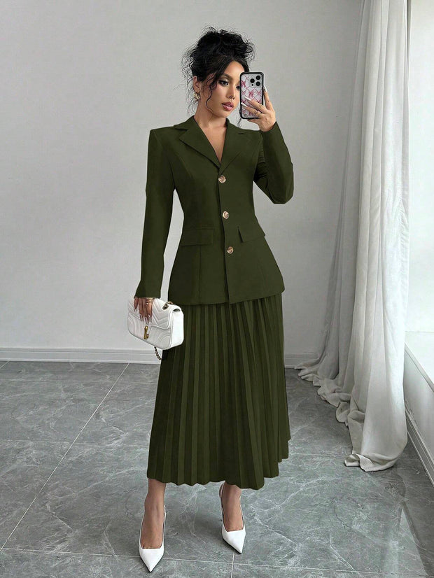 Elenzga 2pcs Set Women Solid Color Front Button Placket Long Sleeve Top And A-Line Skirt, Casual Suit