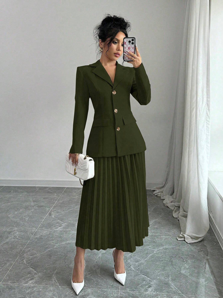 Elenzga 2pcs Set Women Solid Color Front Button Placket Long Sleeve Top And A-Line Skirt, Casual Suit