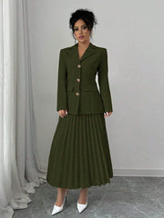 Elenzga 2pcs Set Women Solid Color Front Button Placket Long Sleeve Top And A-Line Skirt, Casual Suit