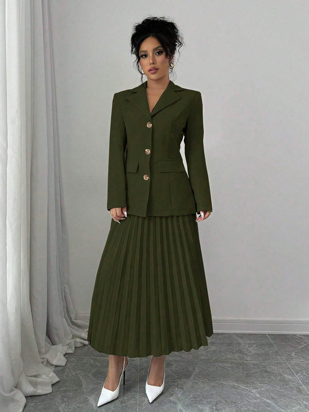 Elenzga 2pcs Set Women Solid Color Front Button Placket Long Sleeve Top And A-Line Skirt, Casual Suit