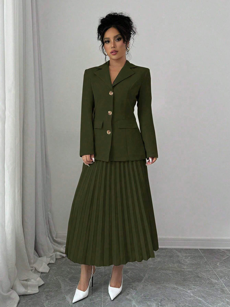 Elenzga 2pcs Set Women Solid Color Front Button Placket Long Sleeve Top And A-Line Skirt, Casual Suit