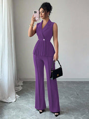 Elenzga 2pcs Women's Elegant Romantic Pleated A-Line Sleeveless Suit Set