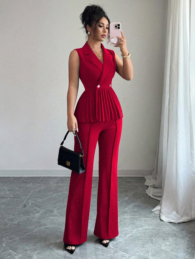Elenzga 2pcs Women's Elegant Romantic Pleated A-Line Sleeveless Suit Set