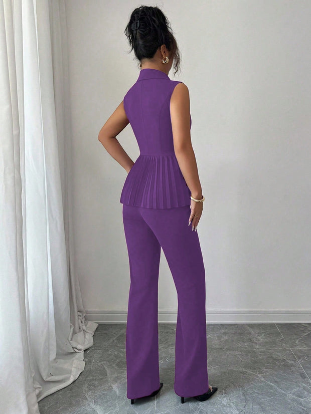 Elenzga 2pcs Women's Elegant Romantic Pleated A-Line Sleeveless Suit Set