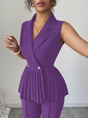 Elenzga 2pcs Women's Elegant Romantic Pleated A-Line Sleeveless Suit Set