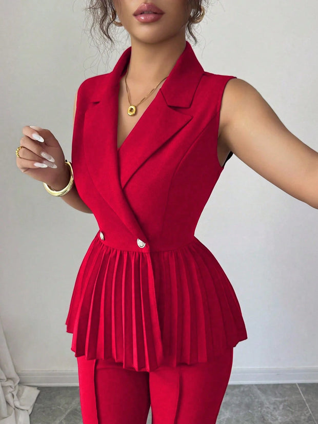Elenzga 2pcs Women's Elegant Romantic Pleated A-Line Sleeveless Suit Set