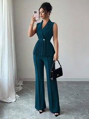 Elenzga 2pcs Women's Elegant Romantic Pleated A-Line Sleeveless Suit Set