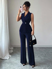 Elenzga 2pcs Women's Elegant Romantic Pleated A-Line Sleeveless Suit Set