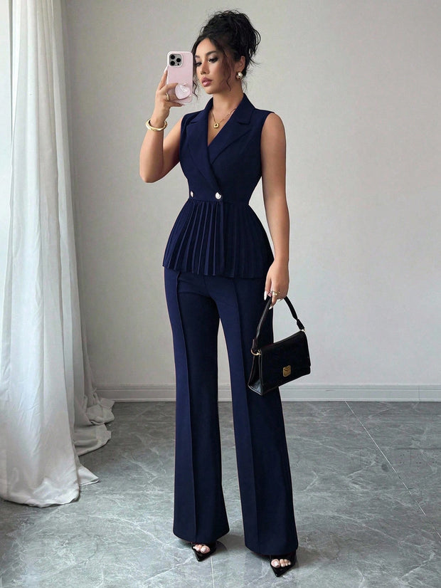 Elenzga 2pcs Women's Elegant Romantic Pleated A-Line Sleeveless Suit Set