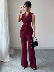 Elenzga 2pcs Women's Elegant Romantic Pleated A-Line Sleeveless Suit Set