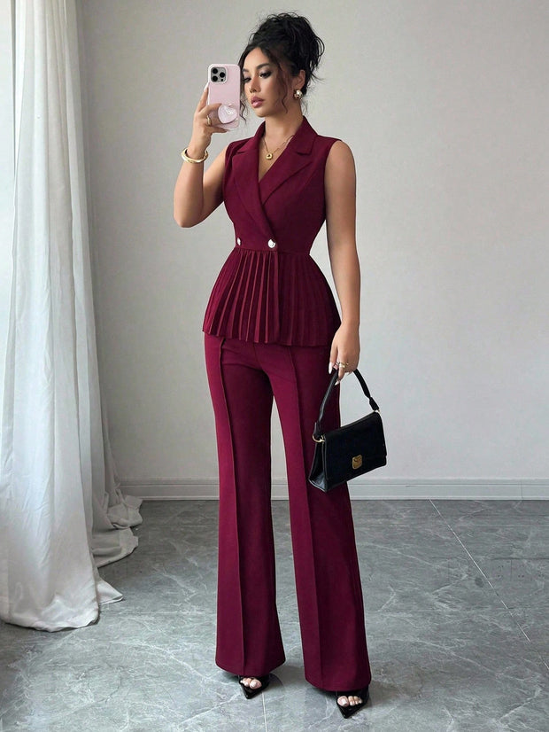 Elenzga 2pcs Women's Elegant Romantic Pleated A-Line Sleeveless Suit Set